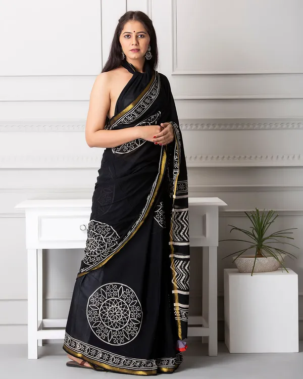 Indigo_Cotton_Stripes_Hblock_Printed_Mulmul_Saree_For_Women